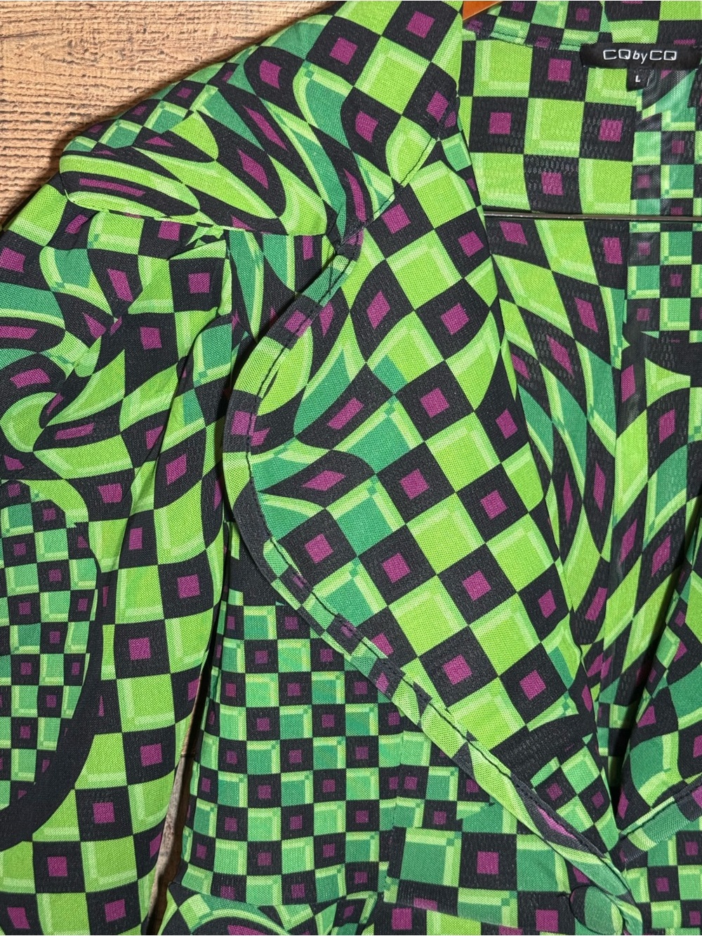 CQ by CQ Optical Checkered Green Puff-Sleeve Peplum Blazer size L Bold Artsy - Picture 9 of 13